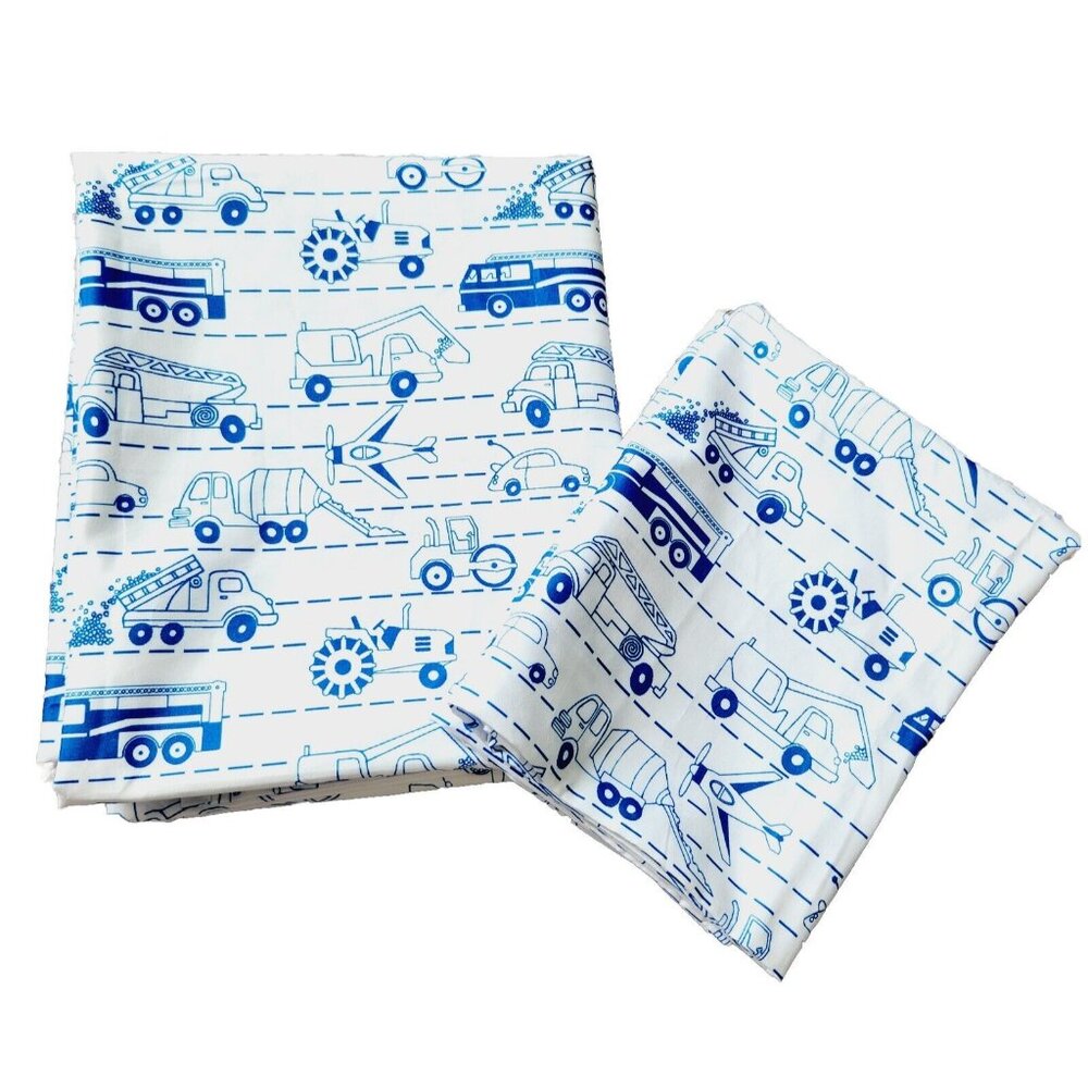 Wal-Mart Mainstays White Blue Construction Vehicle Full Flat Sheet + Pillowcases